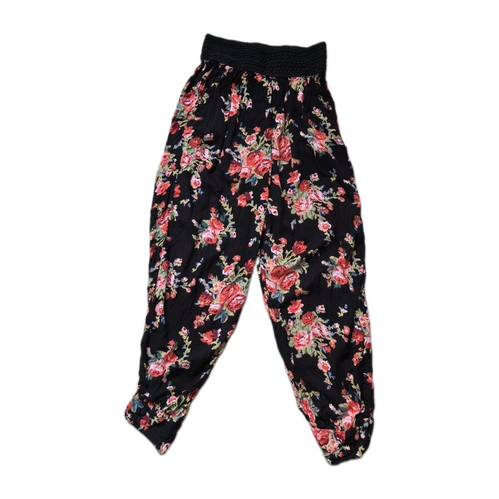 Angie Black Floral Track Pants with Pink & Red Roses